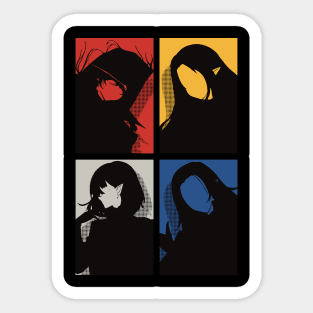 All The Main Characters In The Eminence In Shadow Anime In A Cool Black Minimalist Silhouette Pop Art Design With Their Names Symbol In Colorful Background Sticker